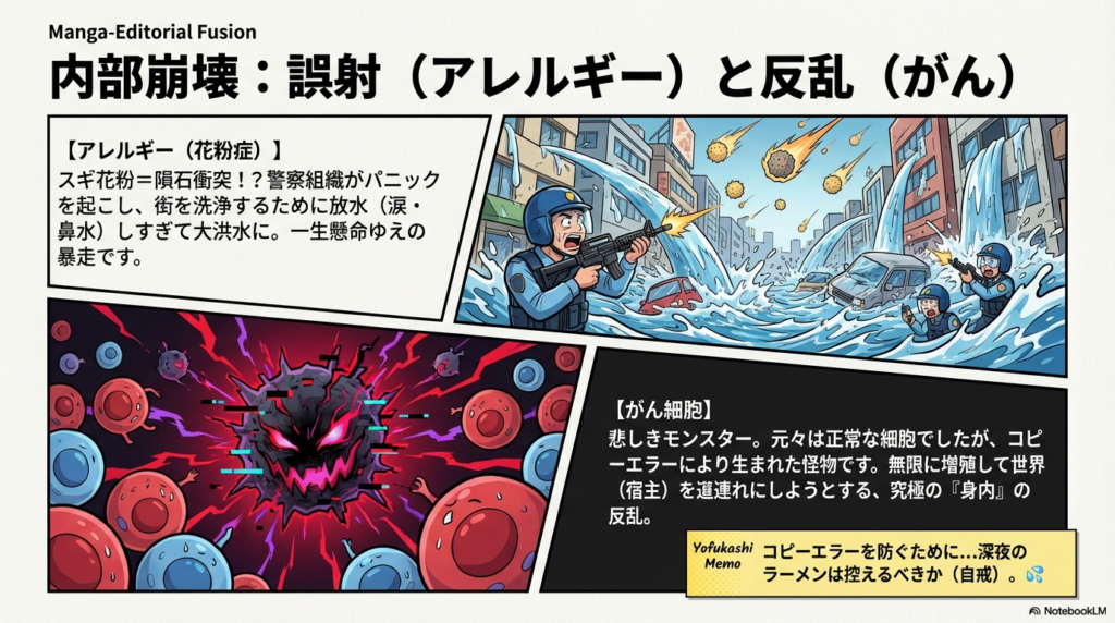 スギ花粉に過剰反応して洪水を起こす警察（アレルギー）と、コピーエラーから生まれた悲しき怪物（がん細胞）の対比スライド 。