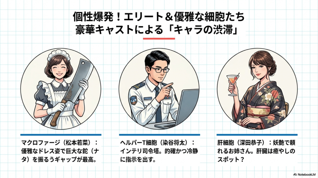 鉈を振るうマクロファージ(松本若菜)、インテリ司令塔のヘルパーT細胞(染谷将太)、妖艶な肝細胞(深田恭子)の紹介スライド。