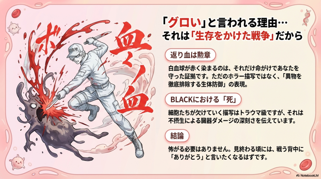 白血球の返り血が生体防御の象徴であることや、BLACKにおける「死」の意味を解説。