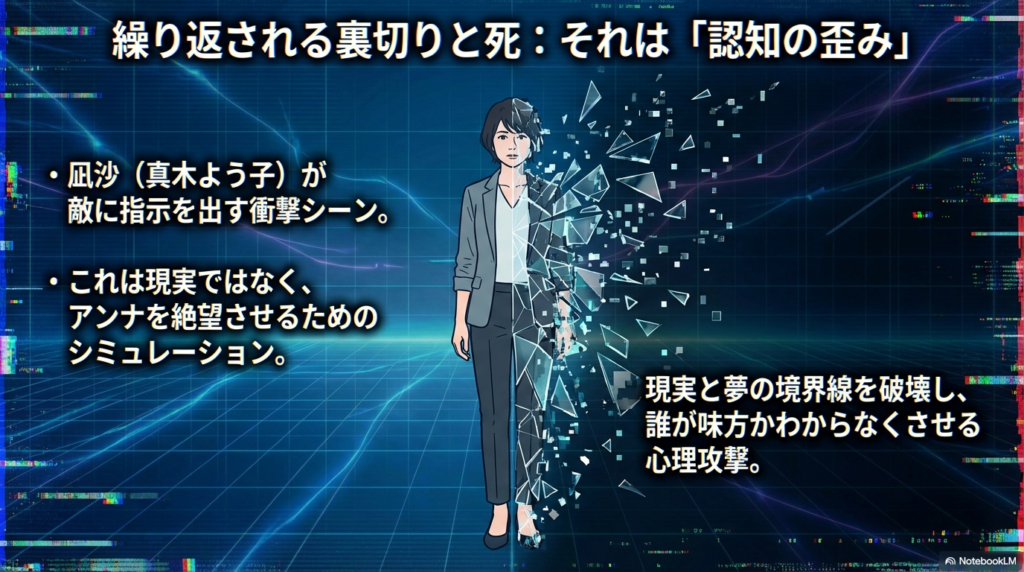 凪沙の裏切りが現実ではなく、アンナを絶望させ境界線を破壊するためのシミュレーション（心理攻撃）であることを示す解説。