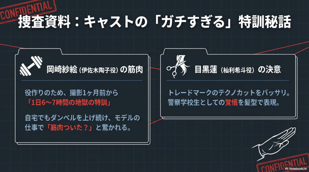 岡崎紗絵の地獄の特訓エピソードと目黒蓮のテクノカット封印をまとめた、制作の裏側がわかるスライド。