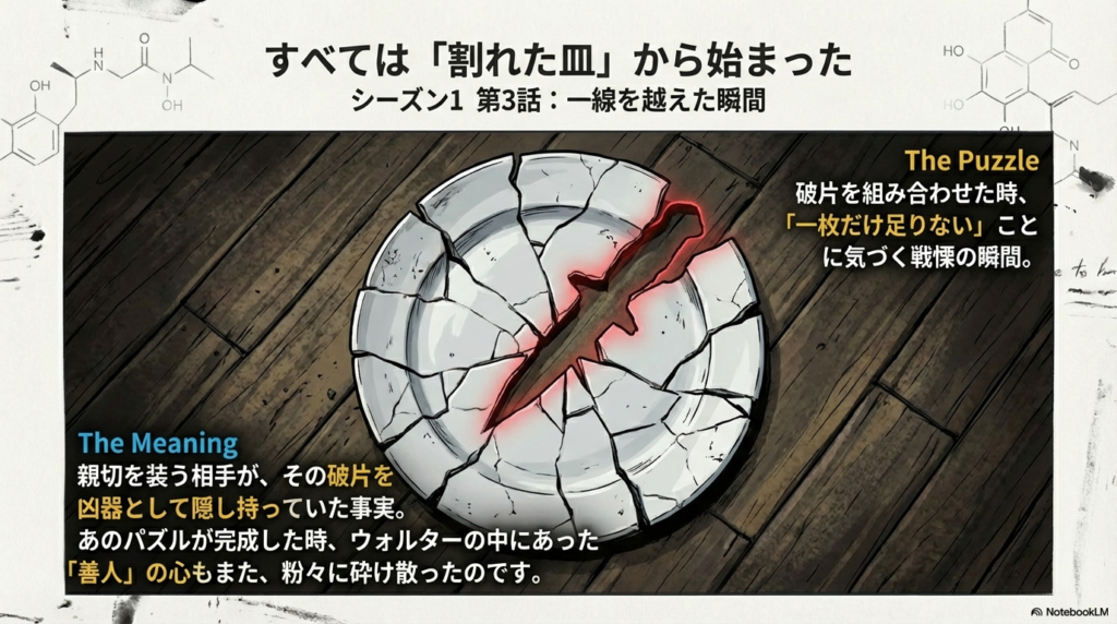 割れた皿をパズルのように組み合わせたイラスト。欠けた一枚の破片が凶器として隠されていた事実と、ウォルターの「善人」の心が砕け散ったことを象徴するシーンの解説。