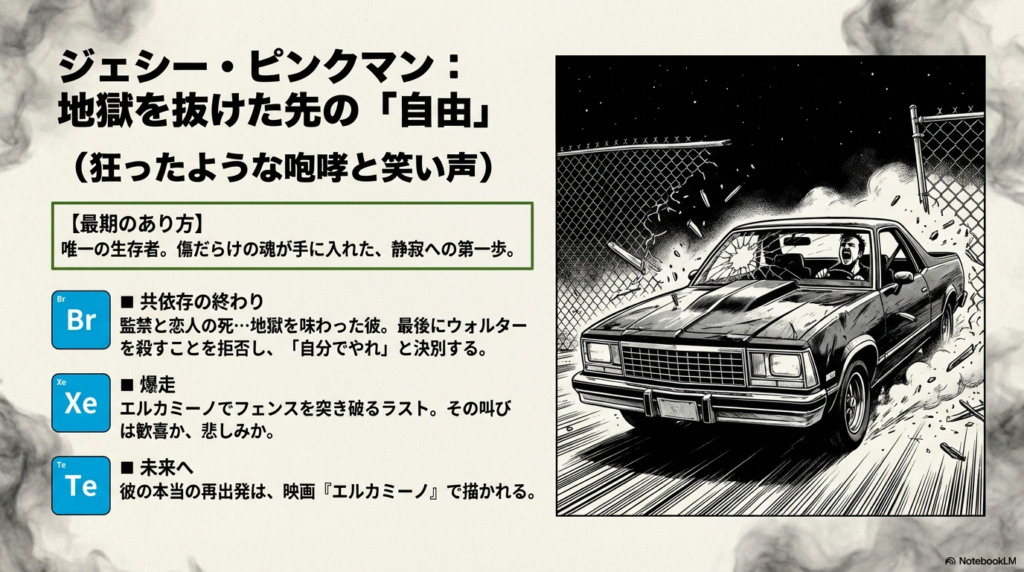 車（エルカミーノ）でフェンスを突き破り爆走するジェシーのイラスト。共依存を終わらせ、傷だらけの魂で自由へと向かう叫びと再出発についての解説。