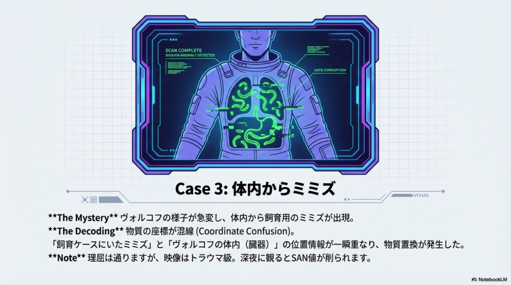 宇宙飛行士の体内のスキャン画像。肺や胃のあたりに緑色のミミズが重なって表示されており、「BIOSIGN ANOMALY DETECTED」という警告が出ているイラスト。