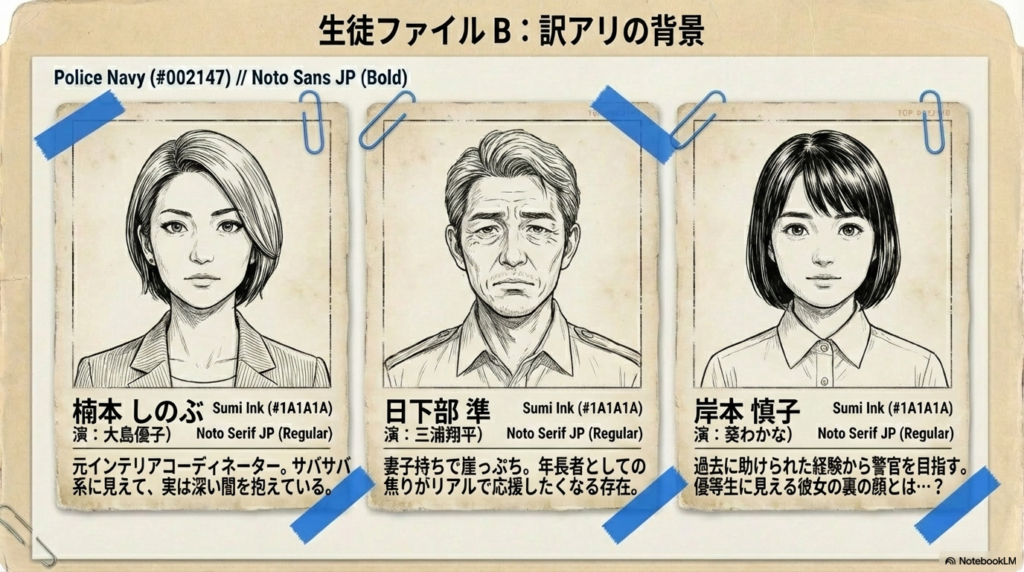 楠本しのぶ（大島優子）、日下部準（三浦翔平）、岸本慎子（葵わかな）の似顔絵と解説。