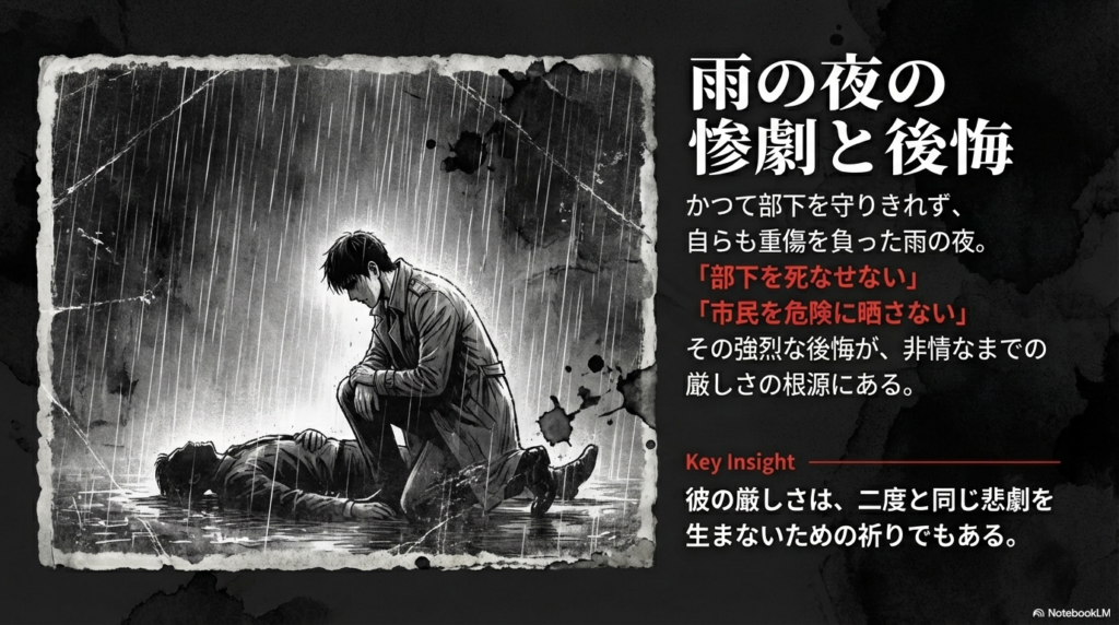 激しい雨が降る中、地面に横たわる人物の傍らで膝をつく男性のシルエット。過去の悲劇と後悔を感じさせるモノクロのイラスト。