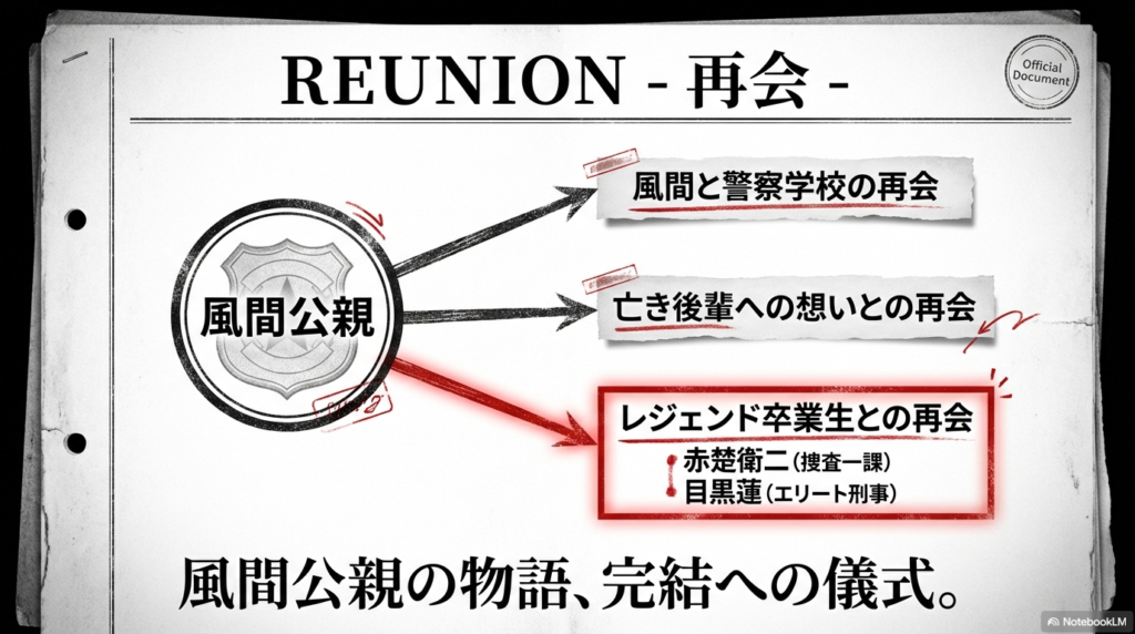 風間と警察学校、亡き後輩、そして赤楚衛二や目黒蓮らレジェンド卒業生との再会を意味する「REUNION」のコンセプト解説。