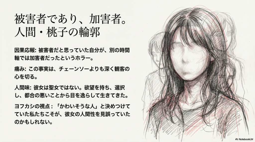 ぼやけた顔の女性のスケッチ。「被害者だと思っていた自分が別の時間軸では加害者だった」という因果応報と、彼女が聖女ではなく欲望を持つ人間であることを示すスライド 。