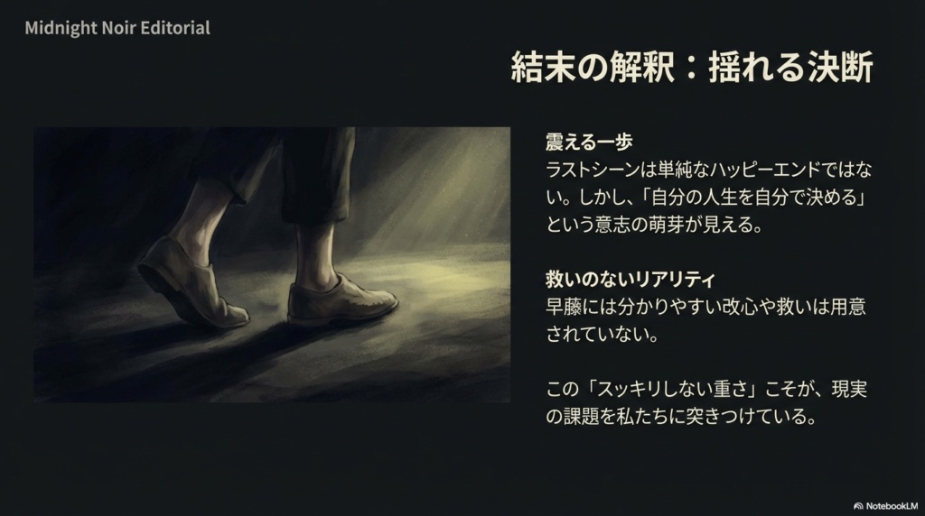 ラストシーンの決断と、早藤に救いを与えない「スッキリしない重さ」という現実味を解説するスライド。