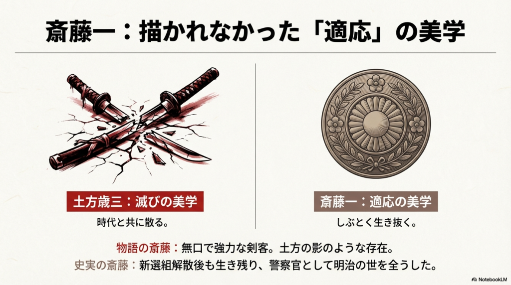 交差して折れた二本の刀と、警察の紋章のようなイラスト。土方の滅びの美学に対し、明治を生き抜いた斎藤一の適応の美学を対比させた解説。