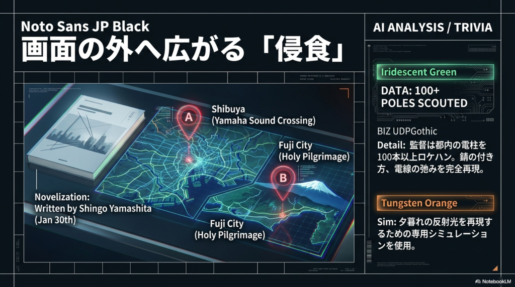 渋谷や富士市の聖地巡礼マップ、1月30日発売のノベライズ情報のほか、監督が100本以上の電柱をロケハンしたという制作秘話が記載されている 。