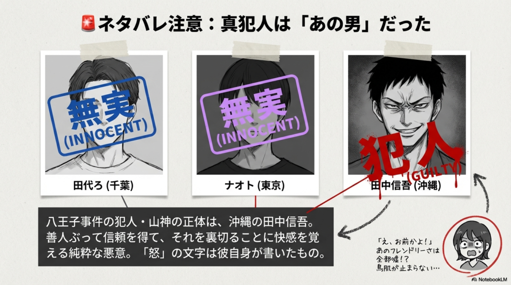 真犯人は沖縄の田中信吾であったという告発。それに対し、千葉の田代と東京の直人は無実(INNOCENT)であったことを示す図 。