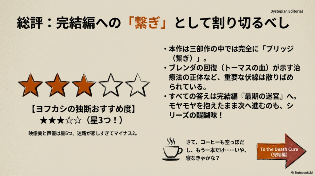 おすすめ度を星3つとし、「完結編への繋ぎ」として本作を評価し、完結編「最期の迷宮」への案内を示したスライド。