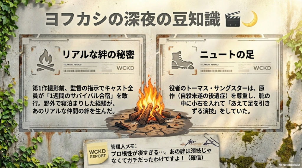 キャストによるサバイバル合宿のエピソードや、俳優トーマス・サングスターが役作りのために靴に小石を入れて足を引きずる演技をしていた裏話を紹介するスライド。