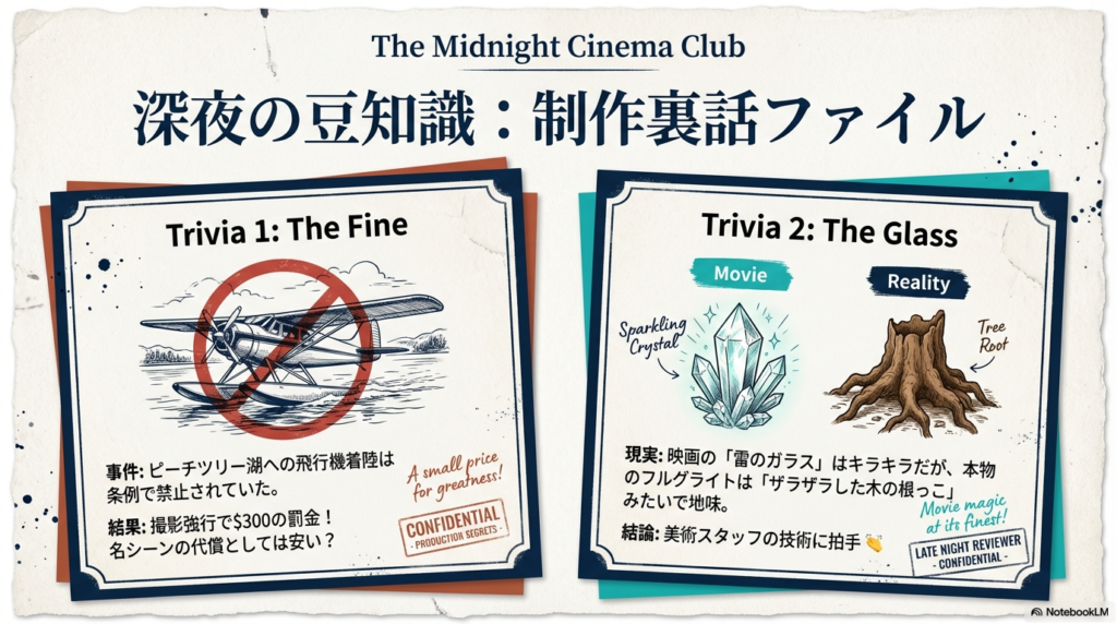 湖への着陸禁止条例で罰金を払ったエピソードと、本物のフルグライトは地味な「木の根っこ」のようであるという現実の比較。