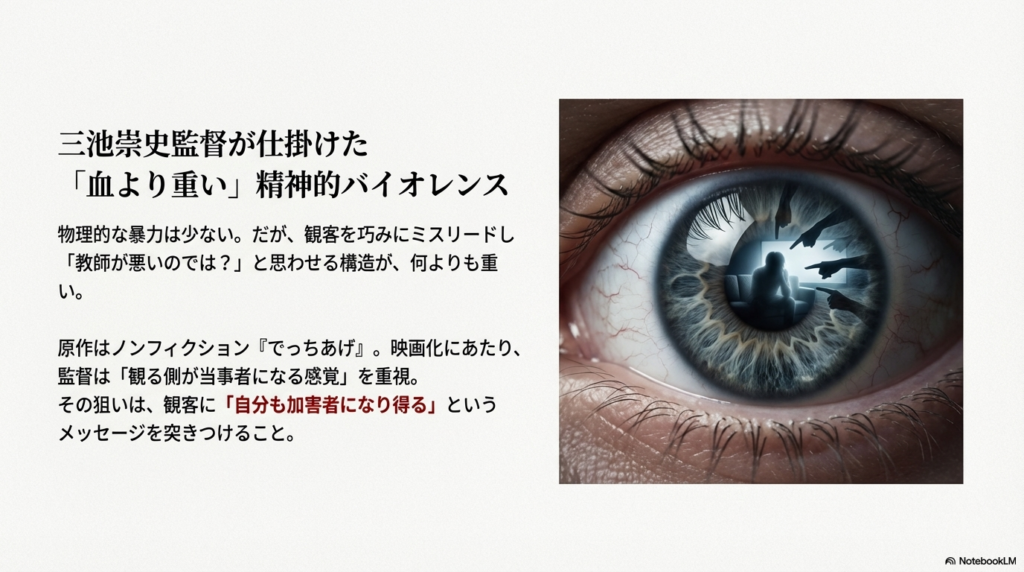 観客を当事者にさせ、「自分も加害者になり得る」というメッセージを突きつける三池崇史監督の狙いを解説したスライド。