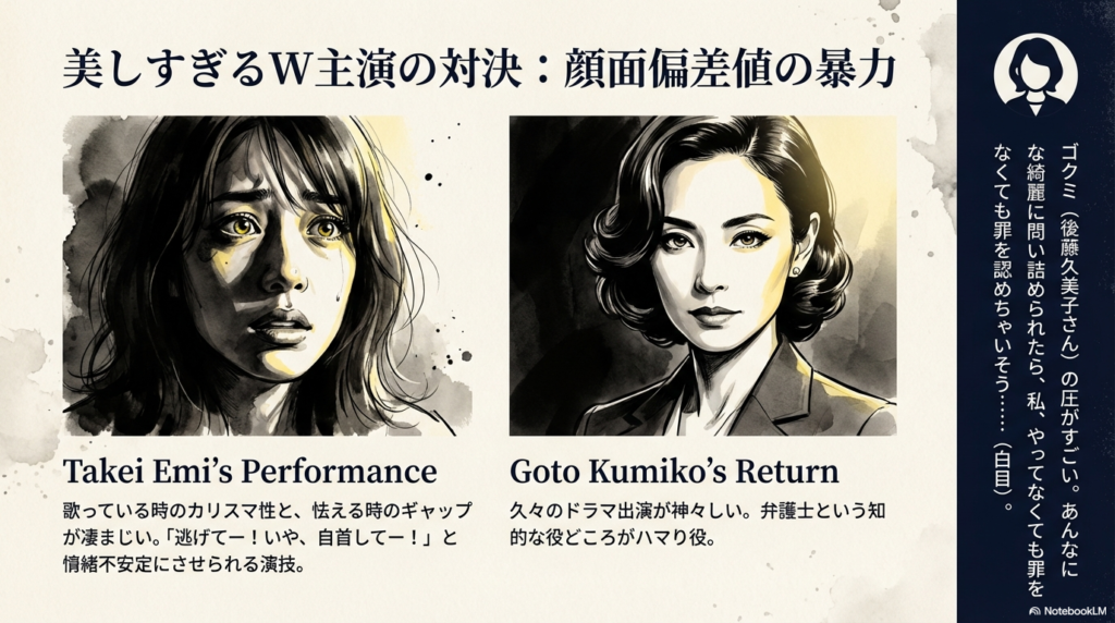 怯える表情の武井咲と、知的なオーラを放つ後藤久美子のアップを並べた「顔面偏差値の暴力」を象徴するスライド。