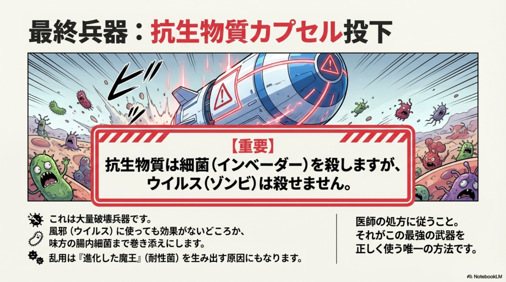 空から降る巨大な抗生物質カプセルと、ウイルスには無効であり乱用は耐性菌を生むという警告が書かれたスライド 。