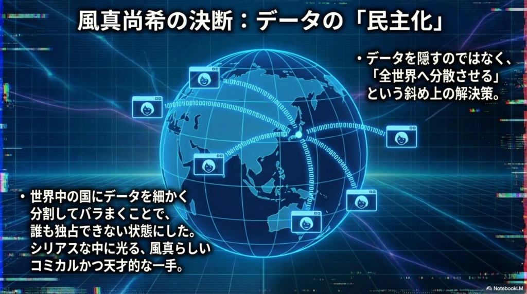 データの羅列と共に、データを全世界へ分散・分割してバラまくことで独占を防いだ風真の解決策についての解説。