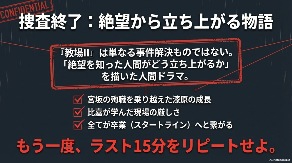 生徒たちの成長と、すべてが卒業というスタートラインへ繋がることを総括したエンディングスライド。