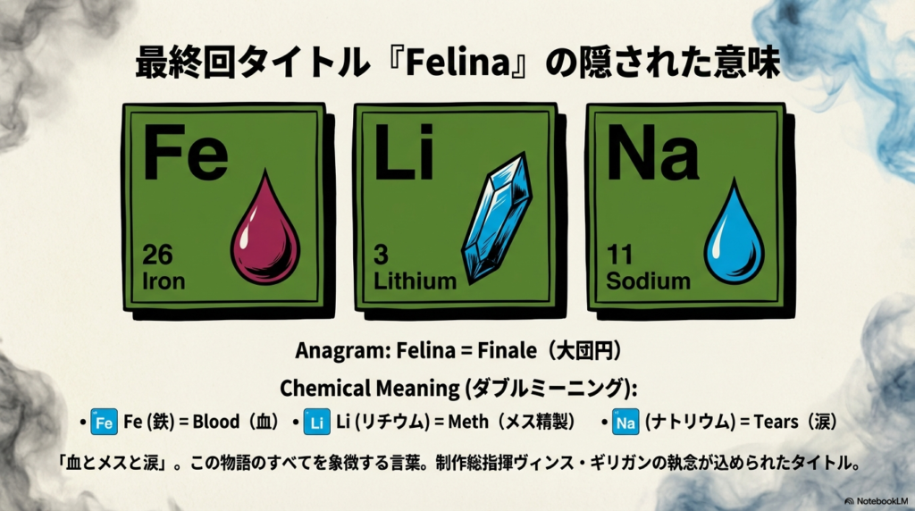 元素記号のFe（鉄/血）、Li（リチウム/メス）、Na（ナトリウム/涙）を組み合わせた「Felina」の解説図。タイトルが「血とメスと涙」を象徴していることを示すスライド。