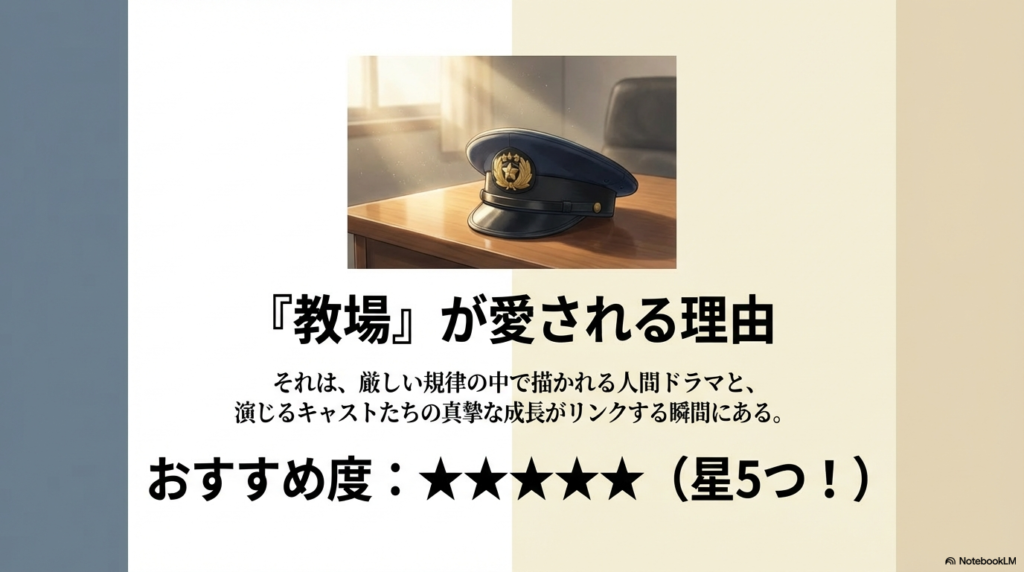 陽光が差し込むデスクの上に置かれた、旭日章が輝く警察帽の画像。 厳しい規律の中での人間ドラマと、キャストの成長がリンクする魅力を伝え、おすすめ度星5つを表示している。
