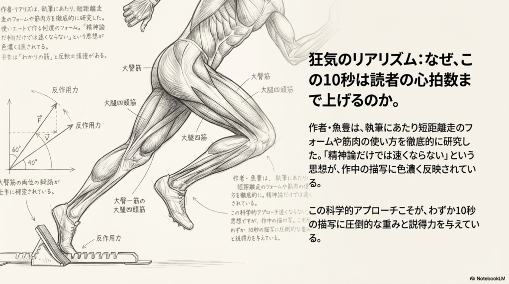 作者・魚豊氏による筋肉（大臀筋、大腿四頭筋）やフォームの徹底的な研究を、解剖学的な図解とともに紹介するスライド。精神論だけではない圧倒的な説得力の源。