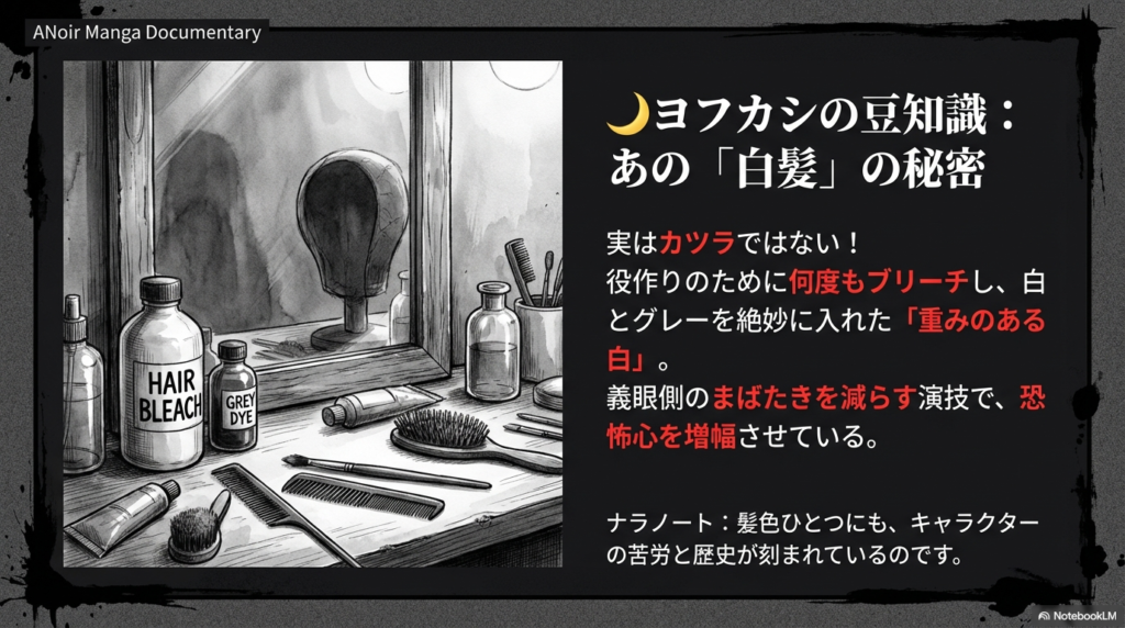 鏡の前に置かれた「HAIR BLEACH」や「GREY DYE」のボトル。カツラではなく、役作りのために何度もブリーチを重ねたこだわりの髪色を説明している。