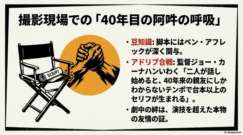 ディレクターズチェアと、固く握りしめられた手（友情）のイラスト。マット・デイモンとベン・アフレックのアドリブ合戦や、脚本への関与についての豆知識が記載されている。