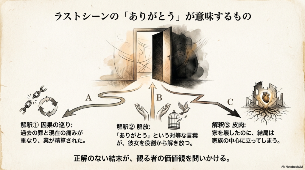 結末の言葉に対し、業の精算、役割からの解放、皮肉という3つの異なる視点を提示し、観る者の価値観を問いかけるスライド 。