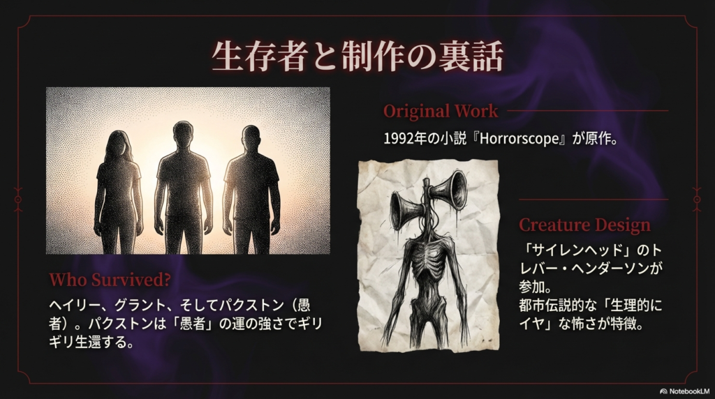 3人の生存者の影のシルエットと、不気味な造形のクリーチャー（サイレンヘッド風）。スライドには原作小説『Horrorscope』とトレバー・ヘンダーソンの参加についての記述。