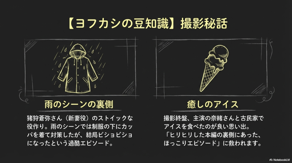 猪狩蒼弥さんの過酷な雨のシーンでのエピソードと、奈緒さんと食べたアイスの思い出を紹介するスライド。
