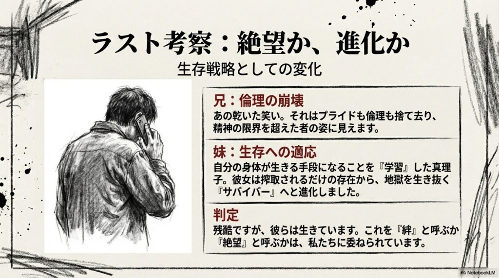 スライド8枚目。兄の「倫理の崩壊」と、妹の「生存への適応(サバイバーへの進化)」を比較。残酷な結末を「絆」と呼ぶか「絶望」と呼ぶかを観客に委ねる判定を記載している。