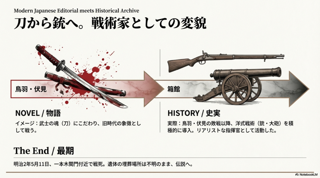 血のついた刀から、洋式の銃と大砲へと変化する矢印のイラスト。鳥羽・伏見の敗戦後、洋式戦術を積極的に導入した土方の変遷と、明治2年5月11日の戦死についての解説。