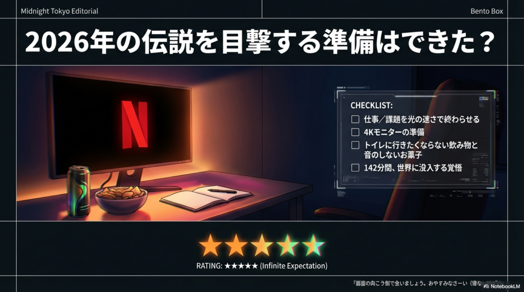 「142分間、世界に没入する覚悟」などの視聴準備チェックリストと、ヨフカシによる星5つの期待値評価（Infinite Expectation）が描かれたスライド 。