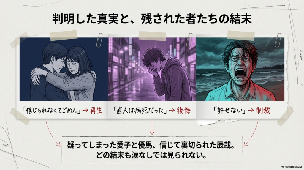 疑ったことを後悔し泣き合う男女と、海辺で絶叫する男性のイラスト。信じることの難しさと結末の重さを象徴する図 。