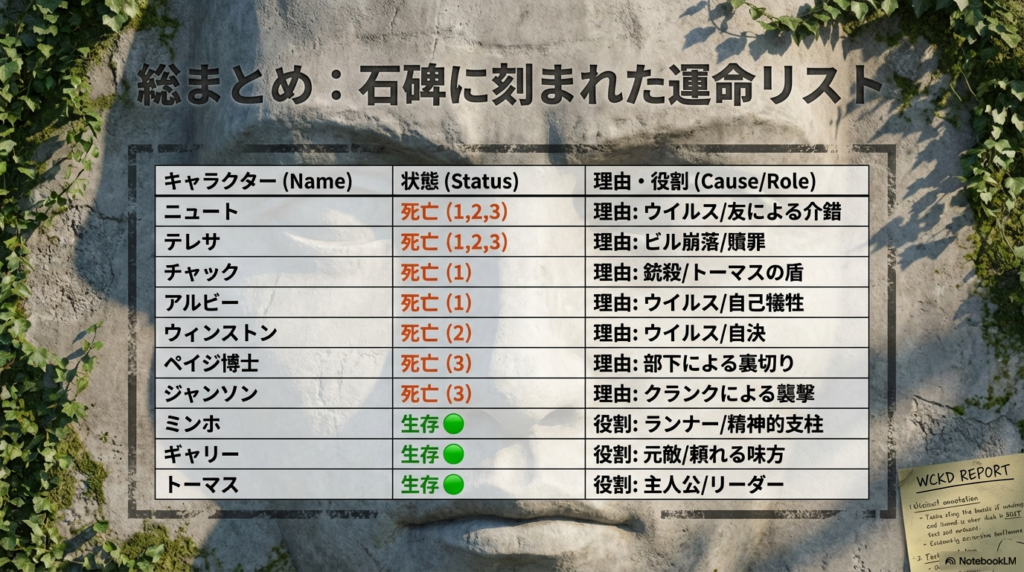 ニュート、テレサ、チャック、ミンホ、ギャリー、トーマスら主要キャラクターの生存・死亡ステータスと、それぞれの理由・役割をまとめた一覧表スライド。