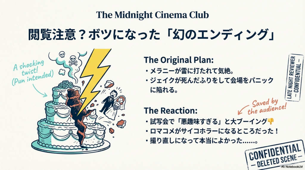 雷に打たれたケーキのイラスト。メラニーが雷に打たれて気絶するという、ブラックすぎて没になった幻のエンディングの解説。