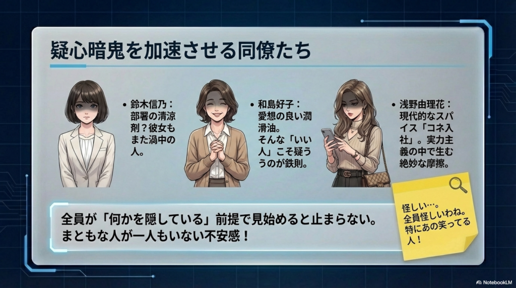 鈴木信乃、和島好子、浅野由理花の3人のイラスト。全員が何かを隠しているような含みのある表情をしている。