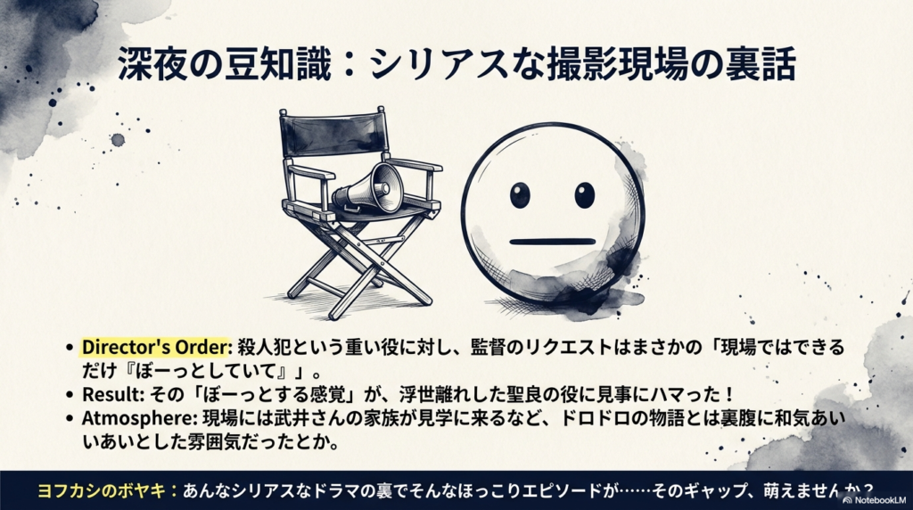 監督からの「ぼーっとしていて」という指示を表現する、無表情な絵文字とディレクターズチェアのイラスト。