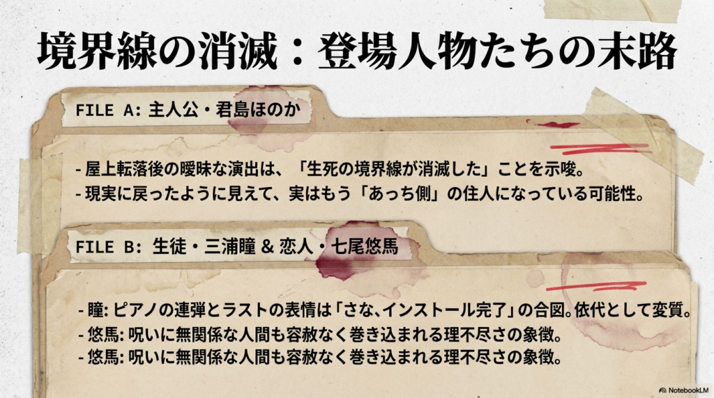 君島ほのか、三浦瞳、七尾悠馬のそれぞれの末路を考察。生死の境界線の消滅や、依代としての変質についてまとめられている。
