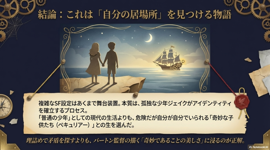 複雑なSF設定は舞台装置であり、本質は少年ジェイクのアイデンティティ確立と「奇妙であることの美しさ」にあると締めくくったまとめのスライド。