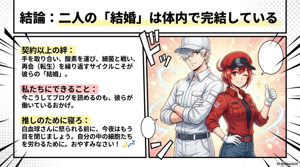 白血球と赤血球が背中合わせでポーズをとるイラスト。細胞たちを労わるために「推しのために寝ろ」と促すまとめのスライド 。