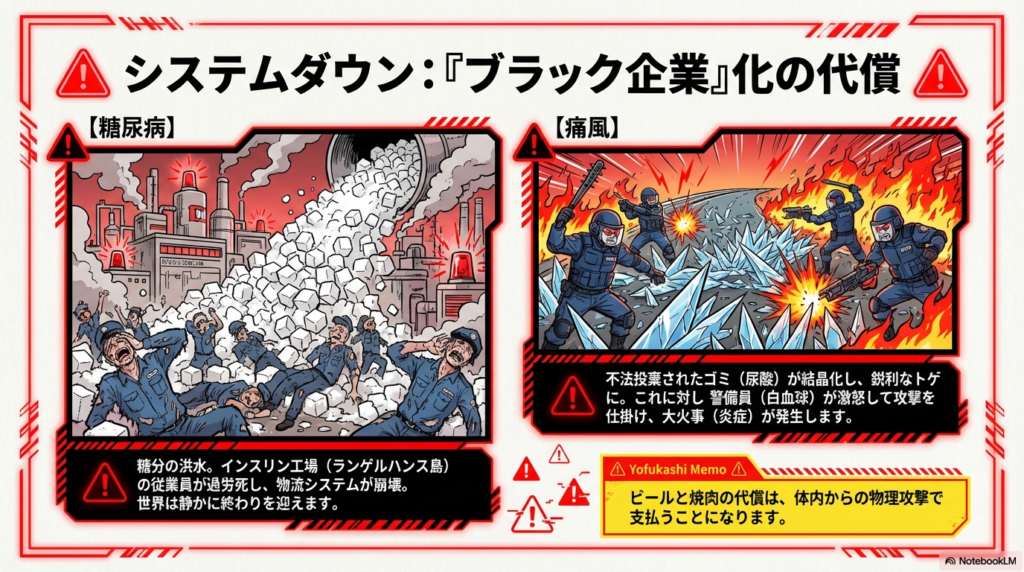 糖分の洪水で崩壊する物流システム（糖尿病）と、尿酸のトゲによる物理攻撃（痛風）を描いた地獄絵図のようなスライド 。