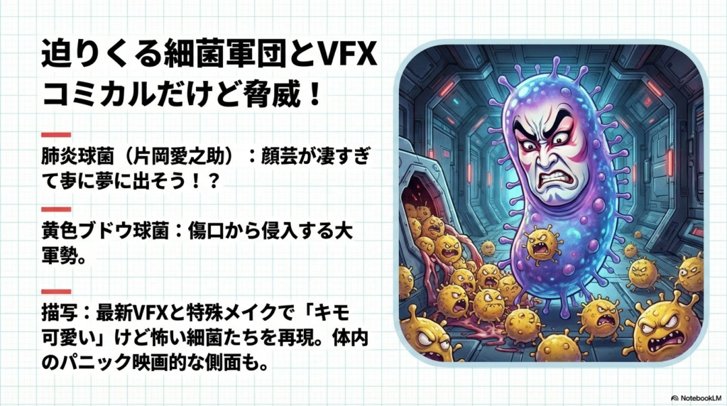 片岡愛之助が演じる肺炎球菌の強烈なビジュアルと、黄色ブドウ球菌の大軍勢が体内に侵入するパニック描写のスライド。