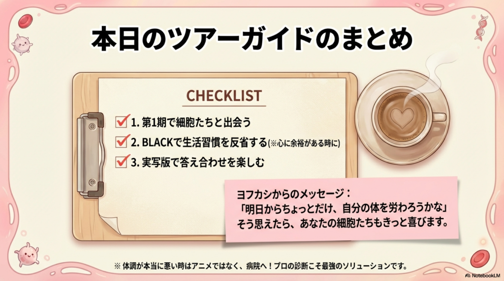 視聴順の最終チェックリストと、自分の体を労わるメッセージが添えられたクロージング。