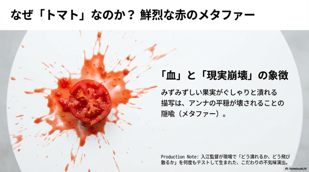 潰されるトマトの描写が、アンナの平穏が壊されるメタファーであることと、監督によるこだわりの演出意図の紹介。