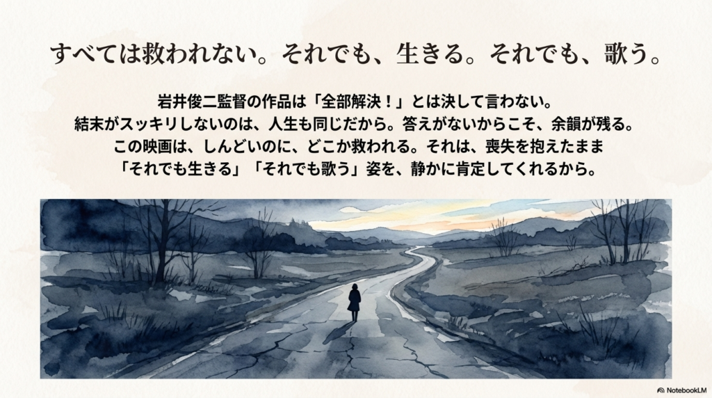 荒野の中を続く一本道のイラスト。「岩井俊二監督は『全部解決！』とは言わない。答えがないからこそ、余韻が残る」「喪失を抱えたまま、それでも生きる姿を肯定する」という解説文