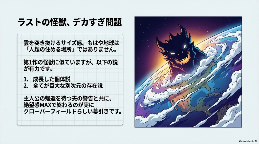 地球の雲を突き抜けて宇宙空間にまで届くほどの巨大な怪獣の頭部が、不気味に光る眼でこちらを睨んでいるイラスト。