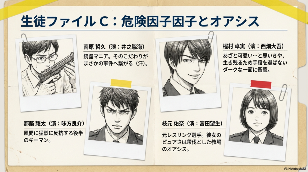 南原哲久（井之脇海）、樫村卓実（西畑大吾）、都築耀太（味方良介）、枝元佑奈（富田望生）の紹介